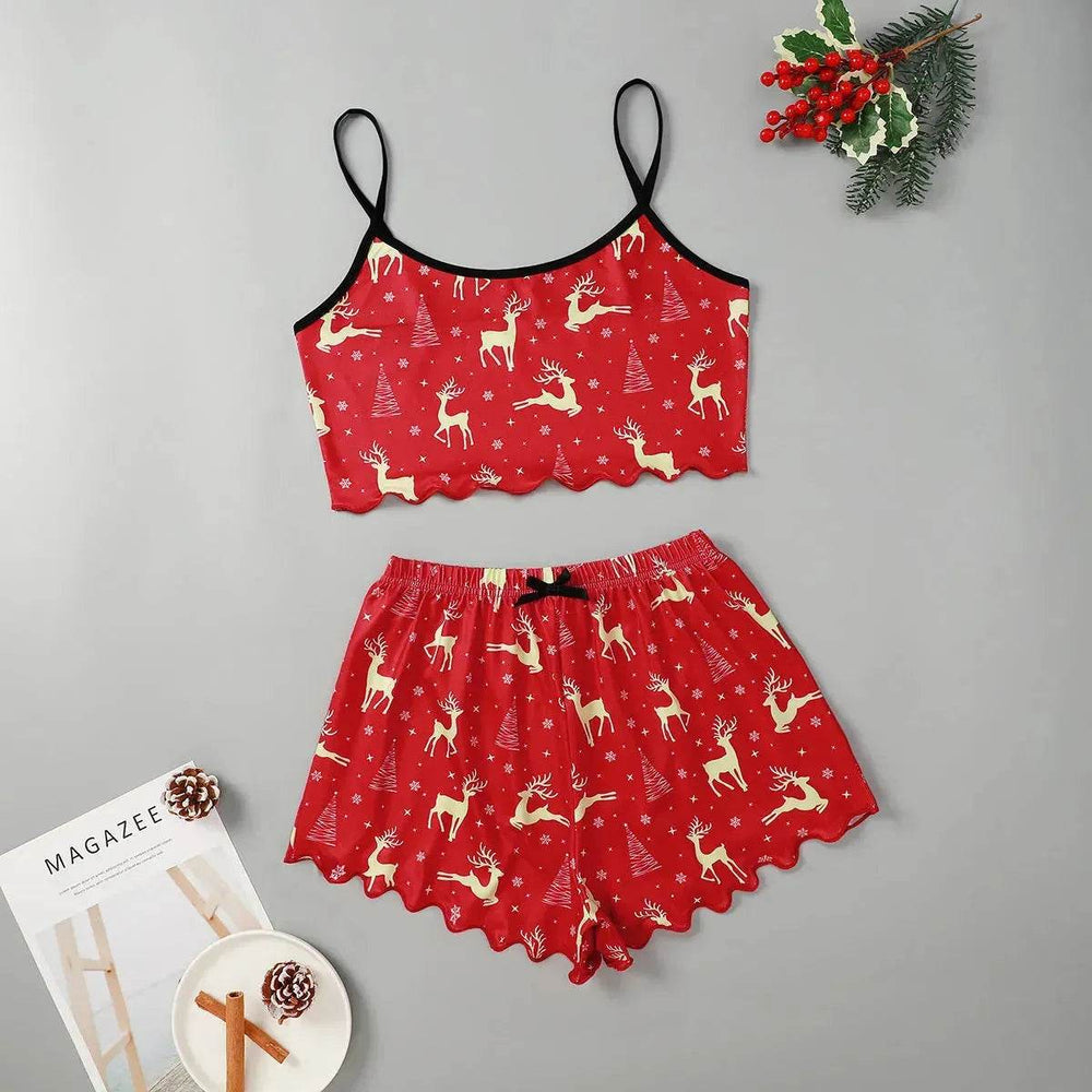 Christmas European And American Thin Pajamas Women's Sleeveless Shorts Milk Silk Simple Casual Two-piece Suit Homewear - EX-STOCK Canada