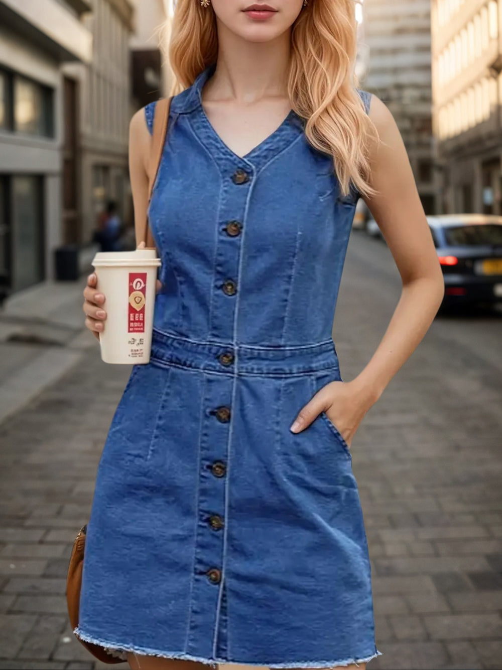 Women’s Fashion Trend Sleeveless Dress, V-neck Design - Button Detail Frayed Hem Denim Skirt