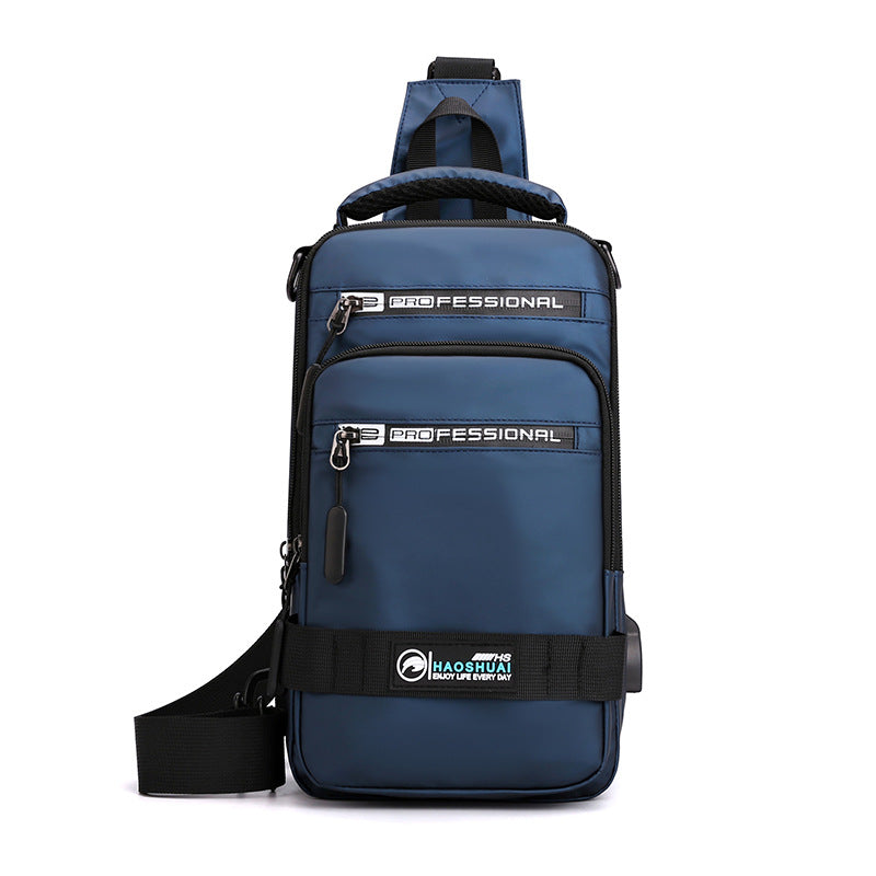 Blue sling bag with visible brand logos on a white background