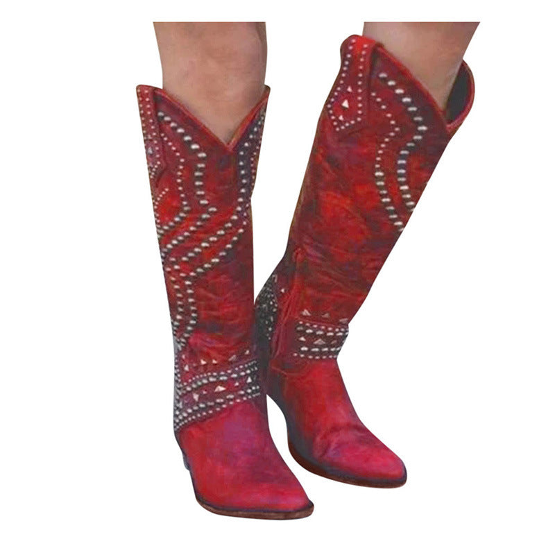 Red patterned boots on a white background