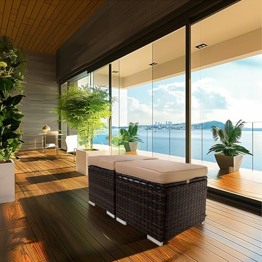 2 Wicker Ottomans, Multipurpose Outdoor Furniture For Patio, Backyard, Additional Seating, Footrest, Side Table With Storage, Removable Cushions EX-STOCK Canada