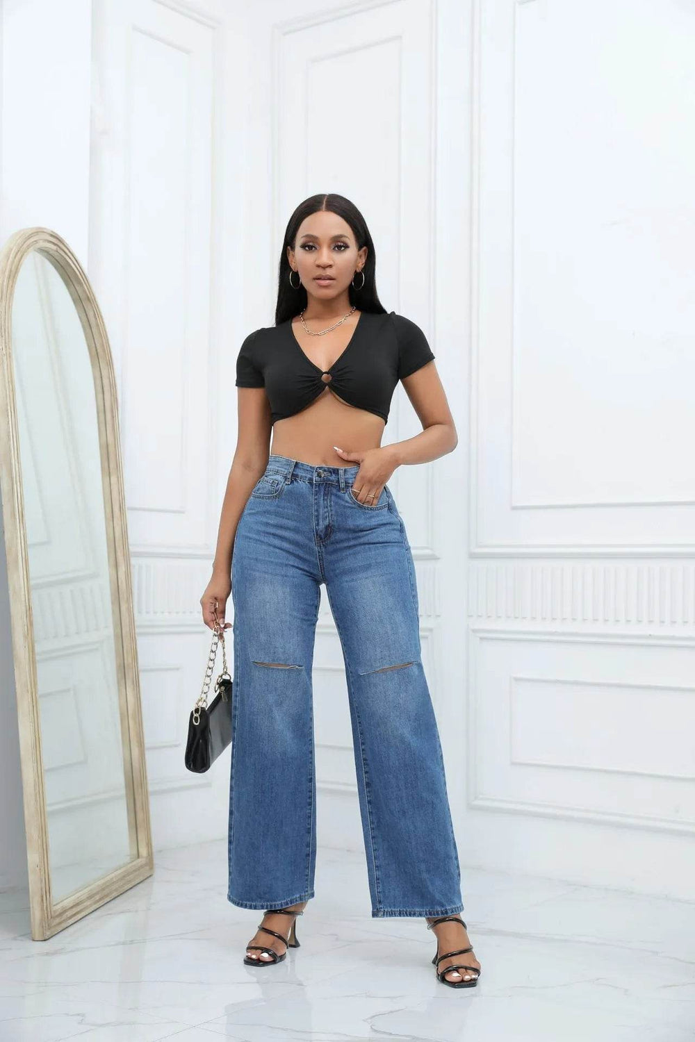 Elegant Ripped Wide-leg Baggy Jeans Pant Women - EX-STOCK Canada