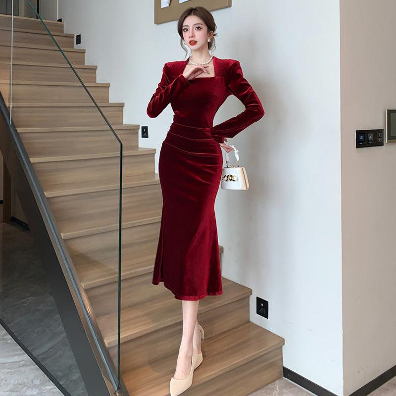 Women's Fashion Velvet Sheath Long Dress EX-STOCK Canada