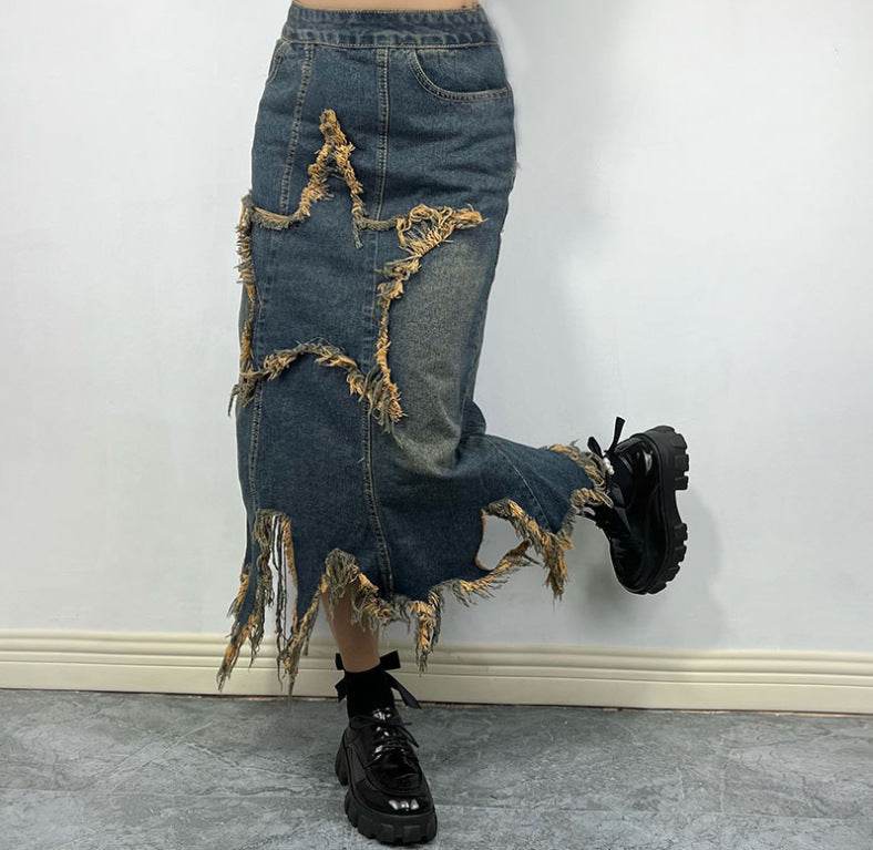 Women's American-style Retro High Waist Irregular Midi Denim Skirt - EX-STOCK Canada
