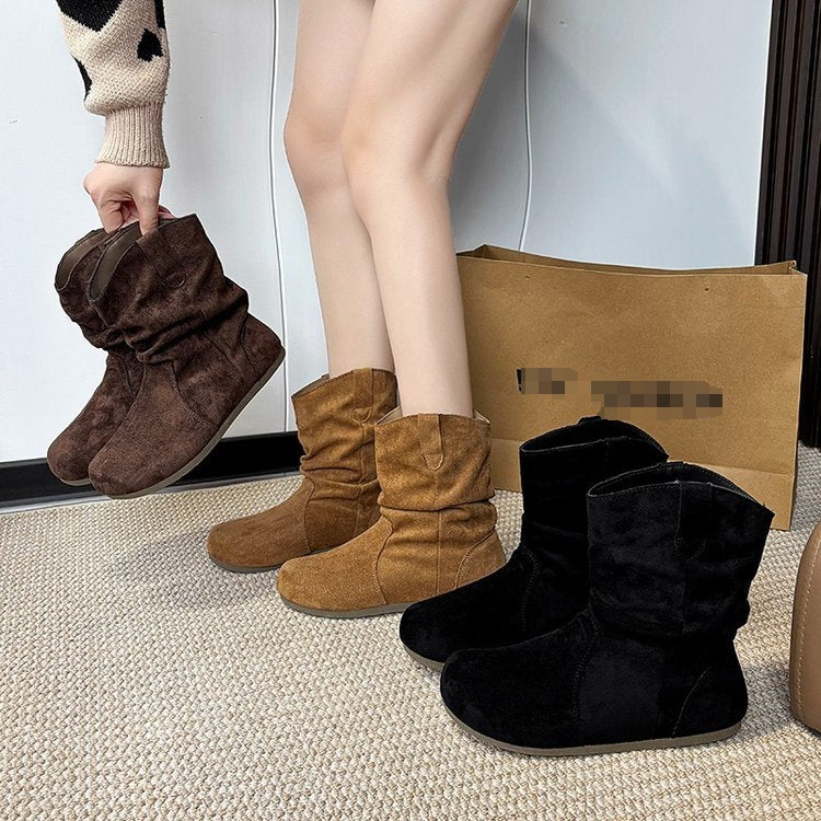 Women's Slouch Mid-Calf Suede Boots – Round Toe Flat Boot in Black, Brown & Camel 2