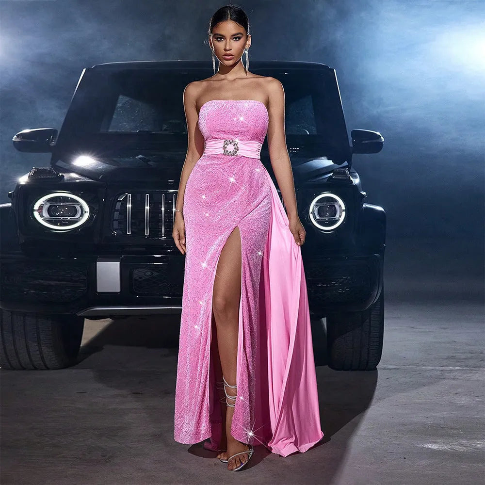 Strapless Sequined Cinched Waist Slim-fit Tube Top Banquet Pink formal Dress