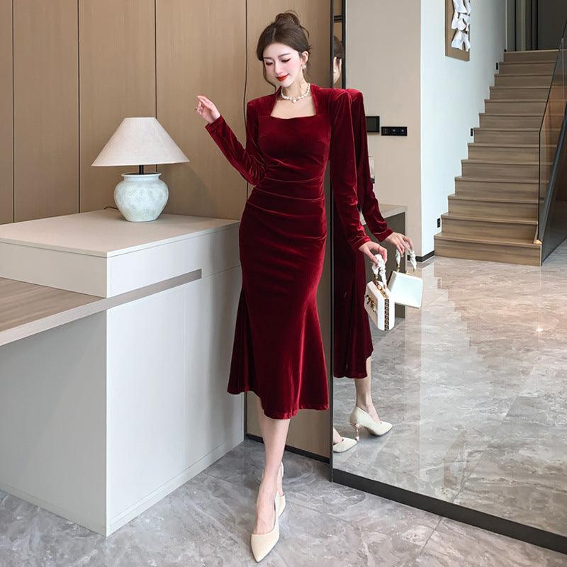 Women's Fashion Velvet Sheath Long Dress EX-STOCK Canada