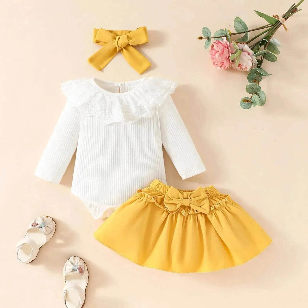 Two piece Baby Girl Lace Ruffles Long-sleeve romper Bow Skirt Hair Bowtie Band baby girl outwear - EX-STOCK Canada