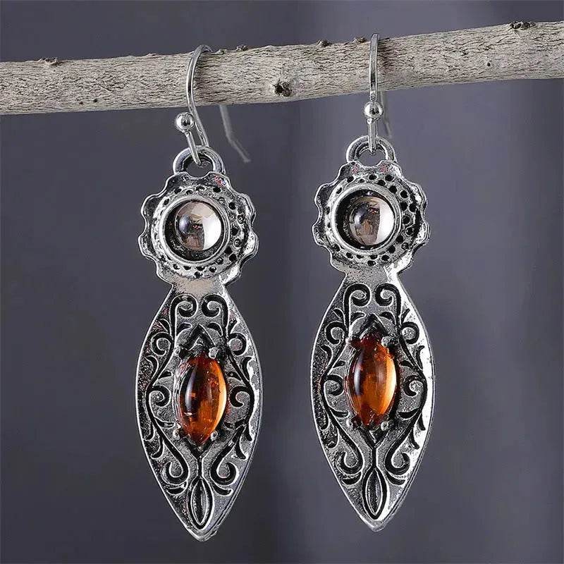 European And American New Retro Pattern Two-tone Gemstone Drop Earrings - EX-STOCK Canada