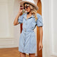 Women's Washed Belt button down Denim jeans mini short sleeve Dress - EX-STOCK Canada