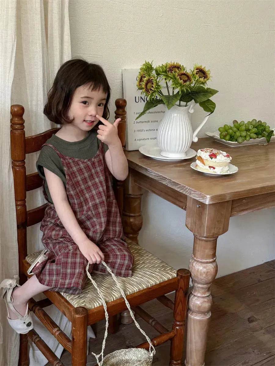 Summer Children's Plaid Overalls boy And girl Baby Unisex Mori Style Retro Jumpsuit Straight-leg Pants - EX-STOCK Canada