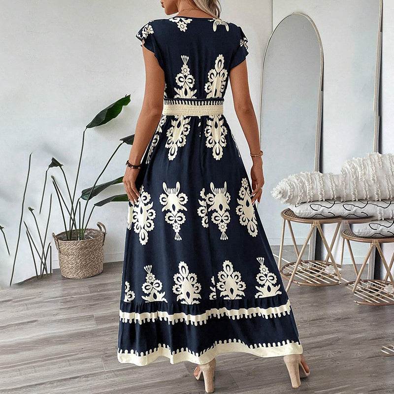 Women's Summer Flowy Maxi Dress Casual Cap Sleeve V Neck Smocked Waist Beach Sundress - EX-STOCK Canada