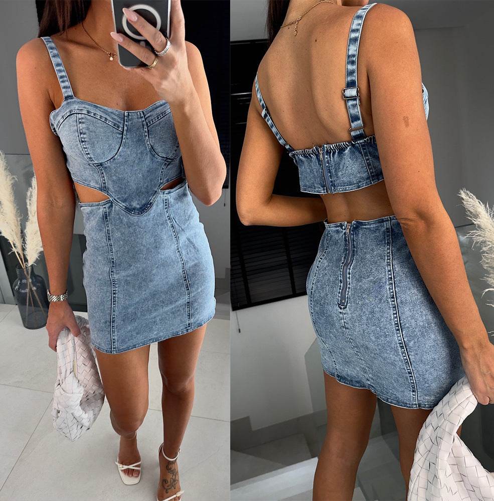 Women's Fashion Suspenders Backless Denim Dress - EX-STOCK Canada
