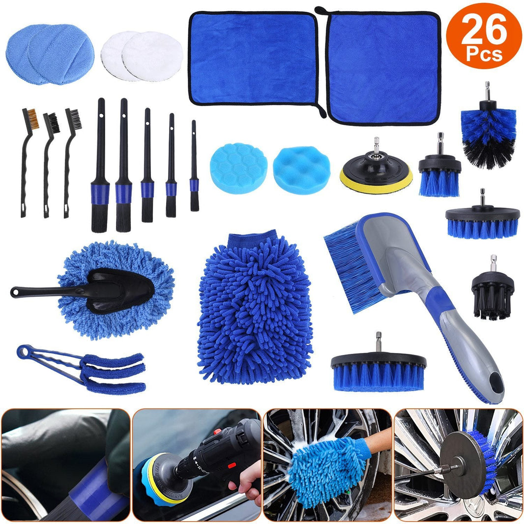 26Pcs Car Detailing Brush Kit Exterior Interior Car Cleaning Set Drill Brush Set Car Buffing Sponge Pads Kit For Cleaning Automobile Interior Exterior Wheels Dashboard EX-STOCK