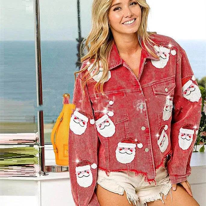 Women Christmas Corduroy Rugby Sequined crop Jacket - EX-STOCK Canada