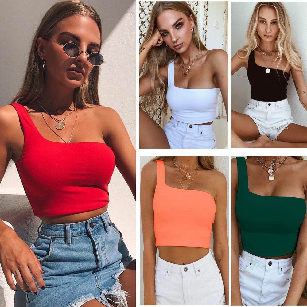 Casual Summer tops One shoulder crop tank top ladies - EX-STOCK Canada