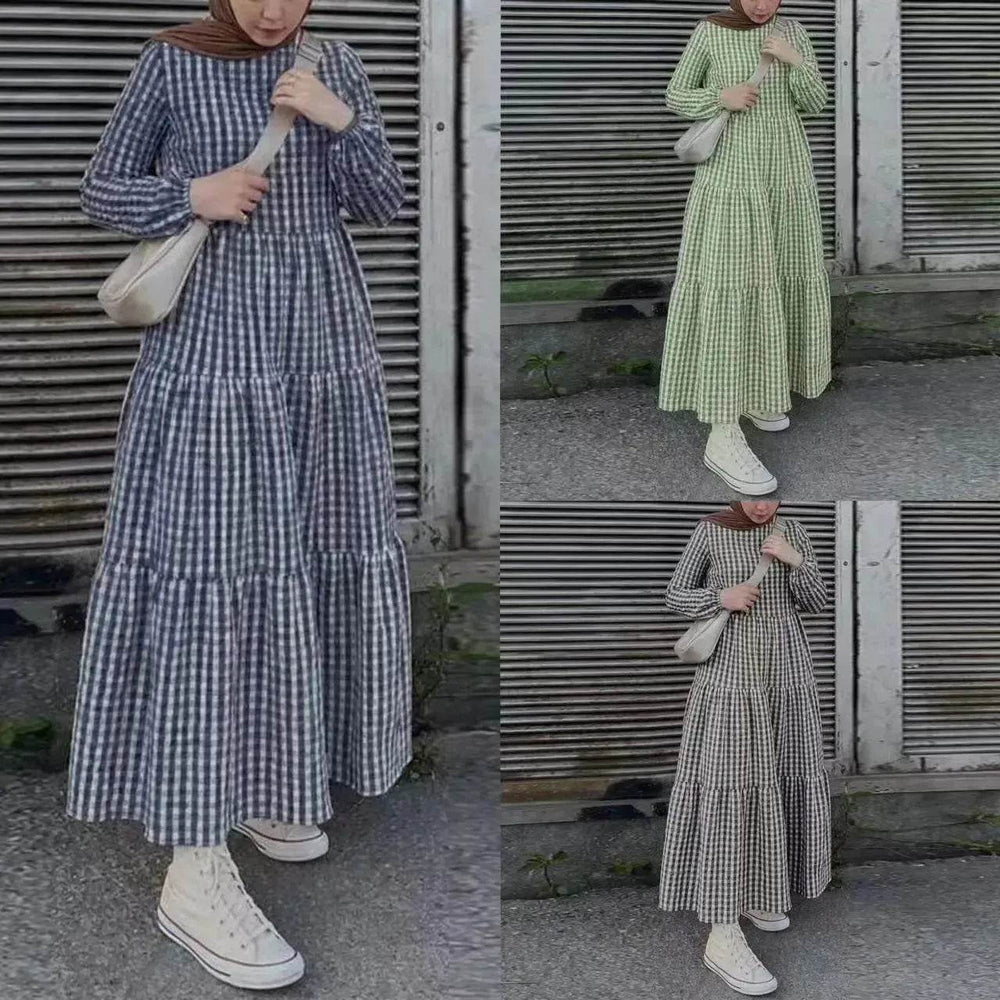 Middle East Plaid Long Sleeve Elastic Sleeve Round Neck Loose Waist Casual Dress Checked Casual dress for Arabfor Women - EX-STOCK Canada