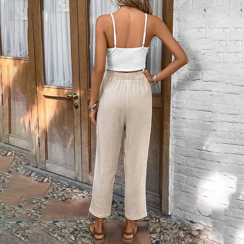 Women's Summer 2-Piece Outfit Sleeveless Lace Vest Top And Casual Elastic Waist Pants - EX-STOCK Canada