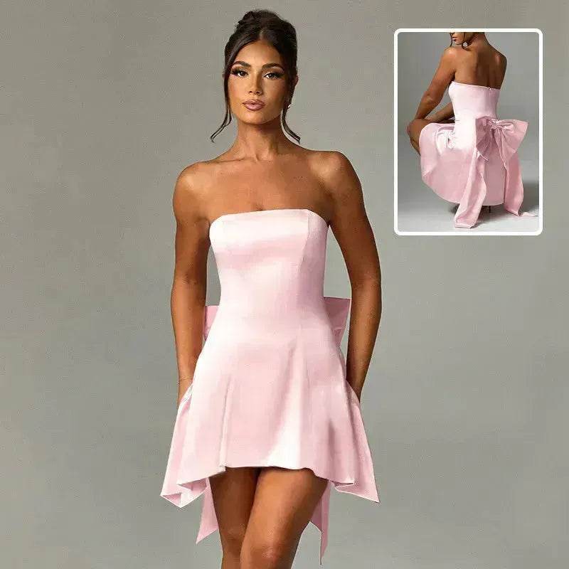 Women's Mini Tube Dress With Big Bow Summer Fashion Tube Top Short Skater Dress. - EX-STOCK Canada