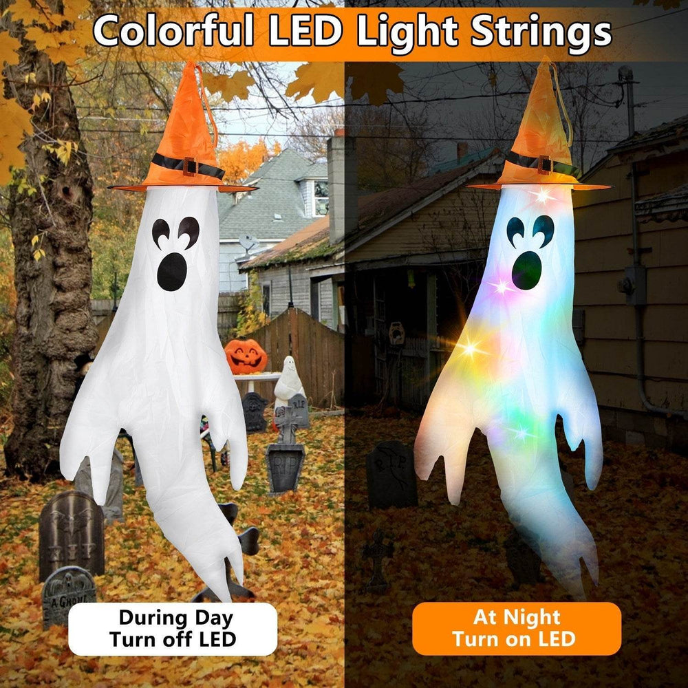 4Pcs Per Set Halloween Ghosts With Witch Hats Windsocks Hanging Decoration With Colorful LED Light Outdoor Flag Wind Socks Halloween Party Decoration For Yard Garden Tree - EX-STOCK Canada