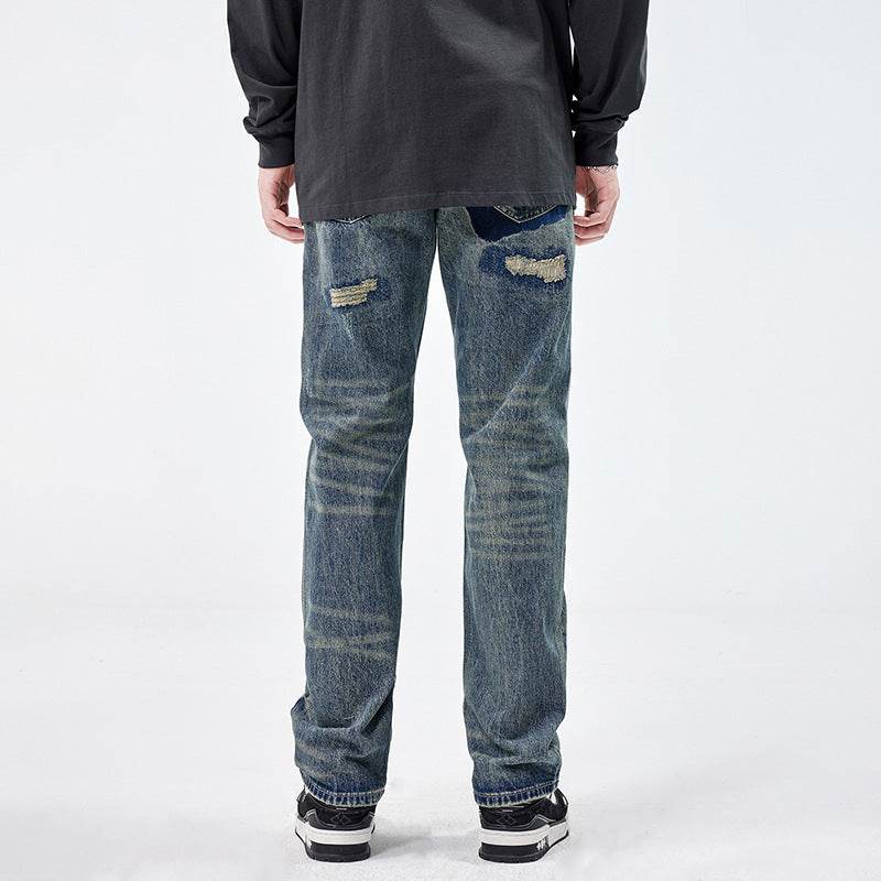 American Style Loose Broken Patch Straight Retro Denim Jeans pant Trousers Men - EX-STOCK Canada