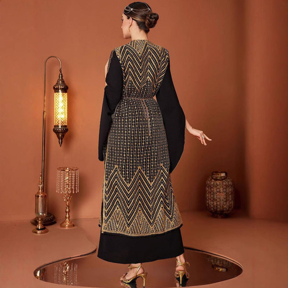 Robe arabe vintage noire fausse en deux pièces avec broderie dorée - EX-STOCK Canada