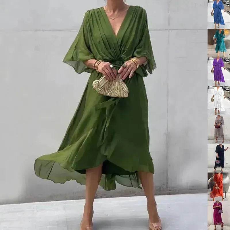 Batwing Sleeve V-neck Dress Summer Pure Color Tied Irregular Wrap Midi Dresses for Women - EX-STOCK Canada