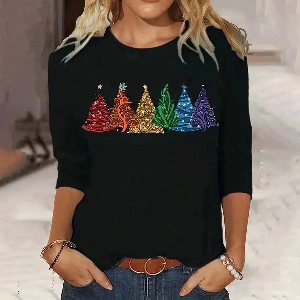 Women's Long-sleeved T-shirt Christmas Tree Printed Round Neck Loose Casual - EX-STOCK Canada