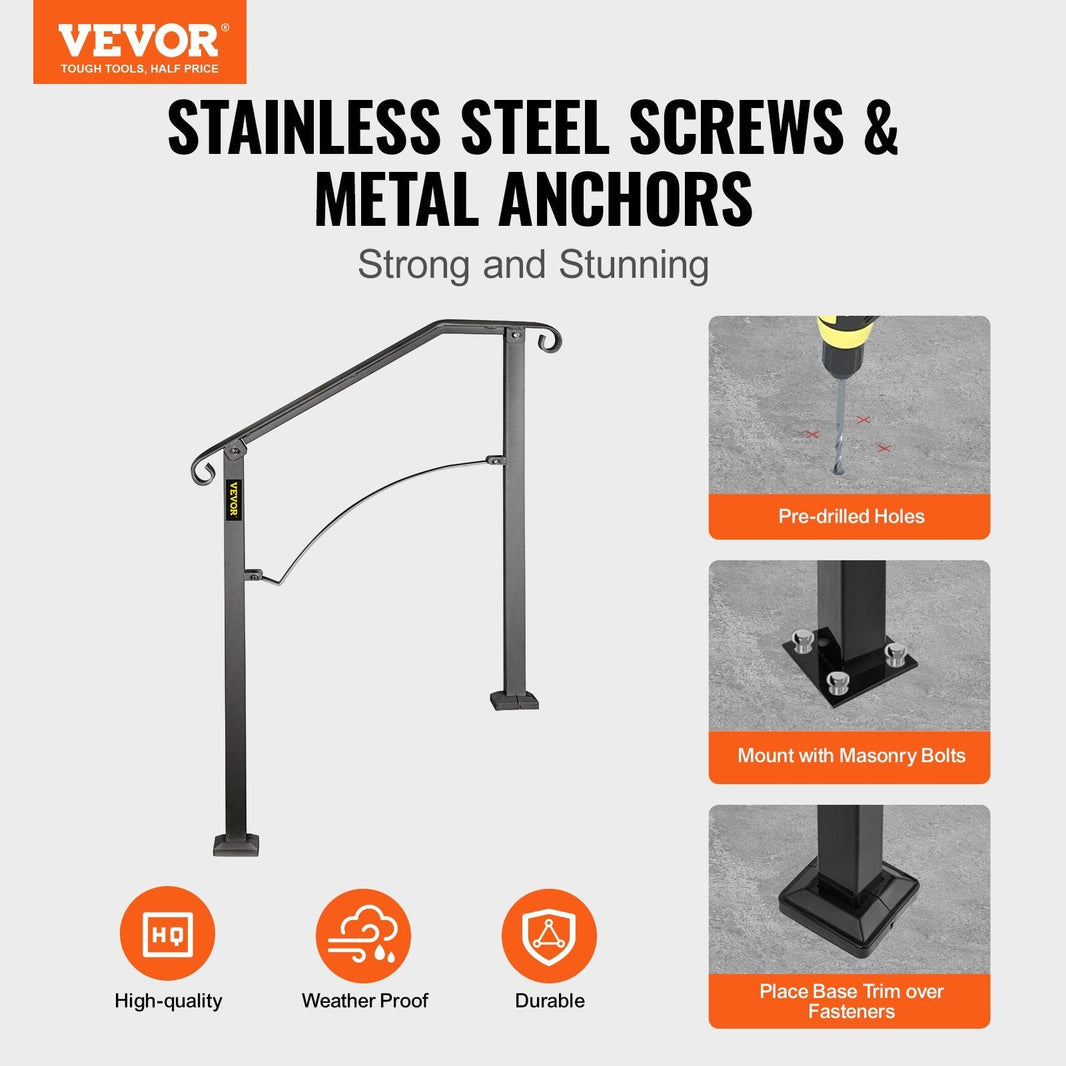 Handrails For Outdoor Steps, Fit 2 Or 3 Steps Outdoor Stair Railing, Arch 2 Wrought Iron Handrail, Flexible Porch Railing, Black Transitional Handrails For Concrete Steps Or Wooden Stairs EX-STOCK