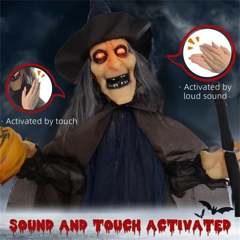 6.2' Life Size Decoration Animatronic Witch W Broomstick Outdoor Halloween, Sound Motion Activated W Light Up Eyes EX-STOCK Canada