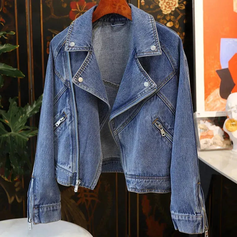 Large Lapel Long-sleeve Zipper Locomotive Style Denim Coat Jacket Women - EX-STOCK CANADA