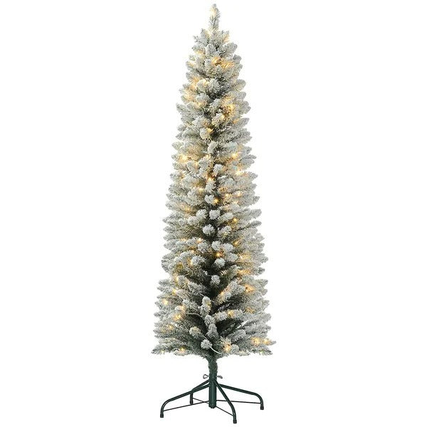 6ft Artificial Prelit Christmas Tree With Warm White LED Light, Snow Flocked Branches, Metal Base, Pencil Xmas Tree EX-STOCK Canada