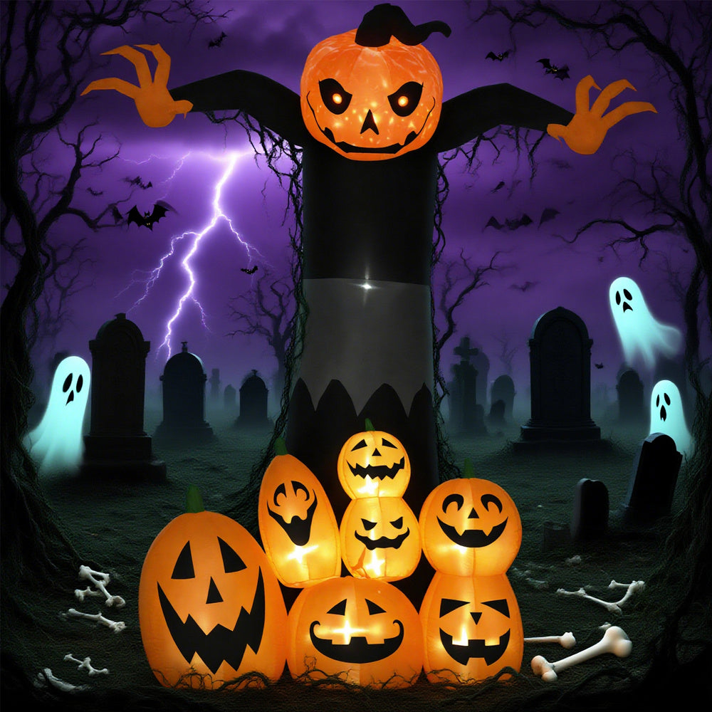 9ft Halloween Inflatables Outdoor Decorations, Pumpkin Ghost With Pumpkin Patch, Outdoor Giant Blow Up Yard Decor With Build-in LED For Garden, Lawn, Party, Holiday EX-STOCK