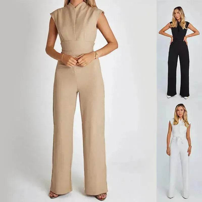 Fashion Elegant Long Sleeveless Jumpsuit Summer V-neck Casual Wide Leg Long Overalls Clothing For Women - EX-STOCK Canada