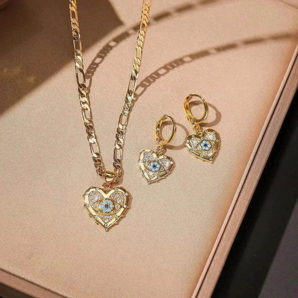 Fashion Jewelry Personality Copper Plated Real Gold Heart-shaped Zircon Pendant Necklace And Earrings Suite - EX-STOCK Canada