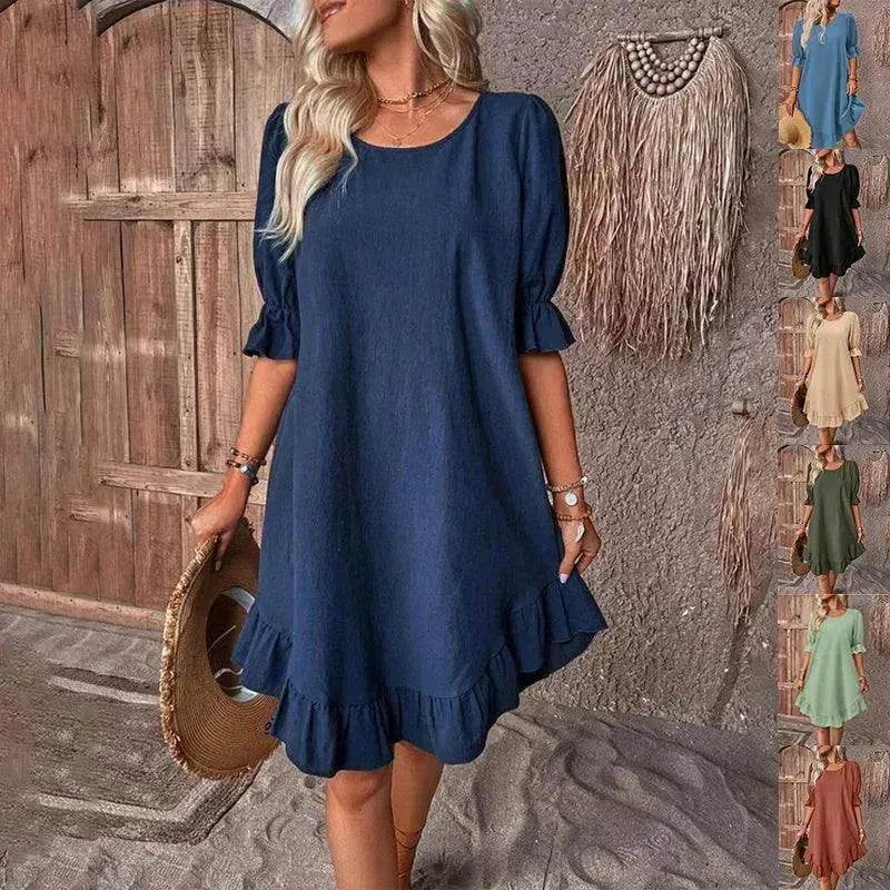 Fashion Ruffle Short-sleeved Dress Summer Solid Color Round Neck Loose Midi Straight Dress for Women. - EX-STOCK Canada