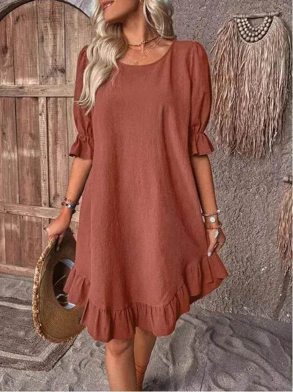 Fashion Ruffle Short-sleeved Dress Summer Solid Color Round Neck Loose Midi Straight Dress for Women. - EX-STOCK Canada