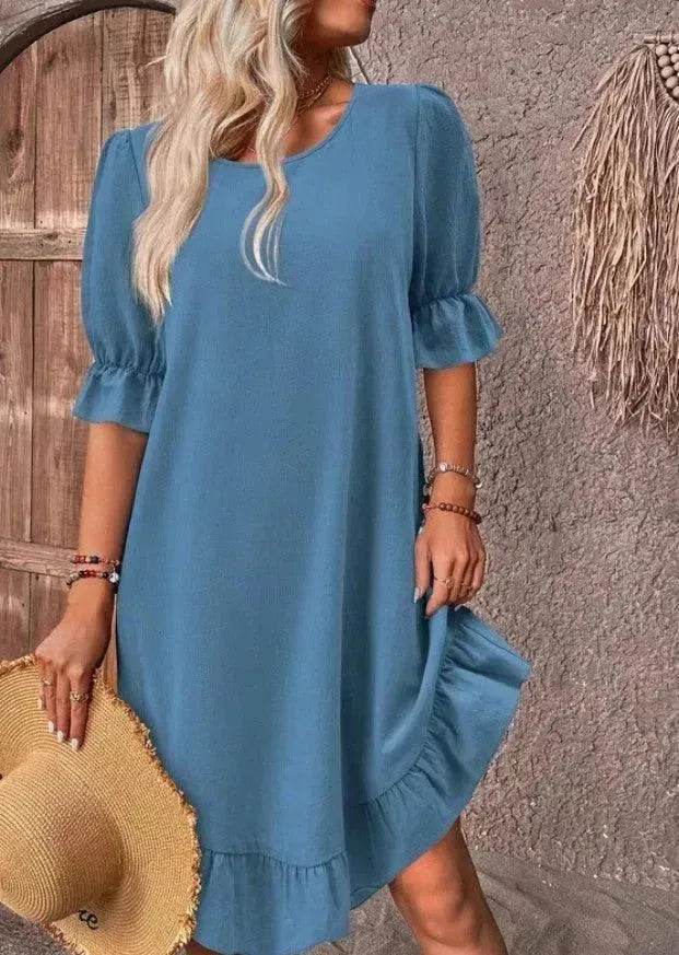 Fashion Ruffle Short-sleeved Dress Summer Solid Color Round Neck Loose Midi Straight Dress for Women. - EX-STOCK Canada