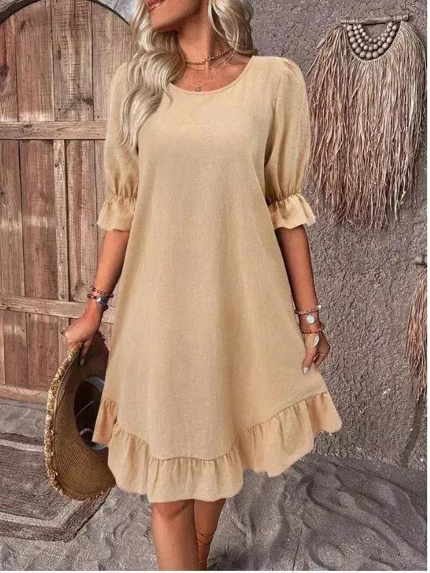 Fashion Ruffle Short-sleeved Dress Summer Solid Color Round Neck Loose Midi Straight Dress for Women. - EX-STOCK Canada