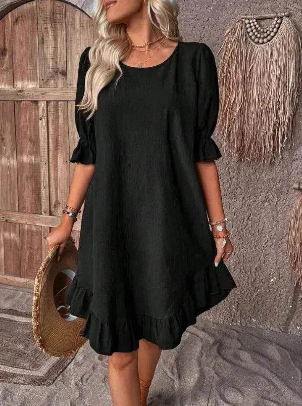 Fashion Ruffle Short-sleeved Dress Summer Solid Color Round Neck Loose Midi Straight Dress for Women. - EX-STOCK Canada