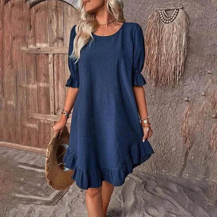 Fashion Ruffle Short-sleeved Dress Summer Solid Color Round Neck Loose Midi Straight Dress for Women. - EX-STOCK Canada