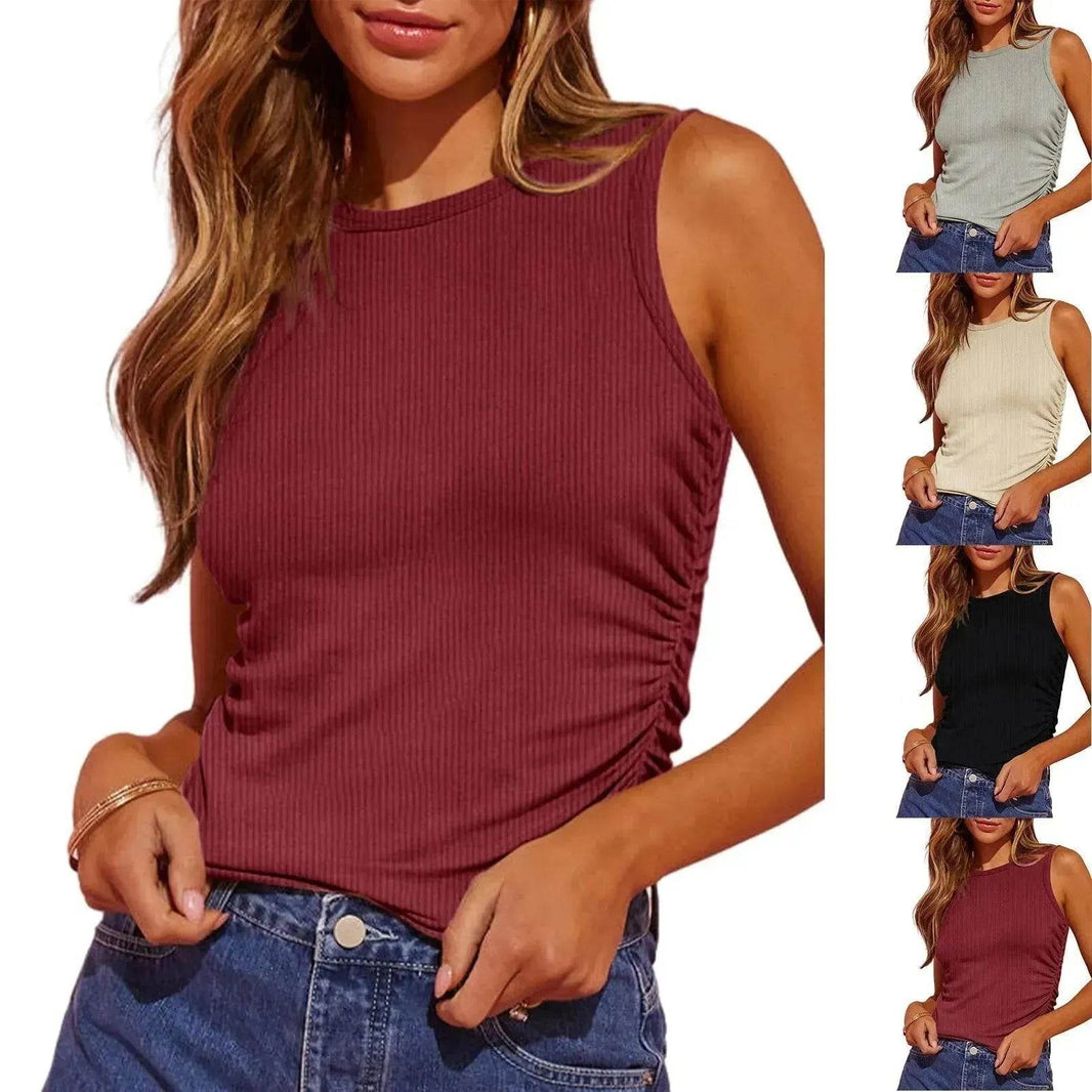 Fashion Sleeveless Ribbed Vest Women Slim-fit Pleated Solid Crew Neck Tank Top Summer Clothing - EX-STOCK Canada