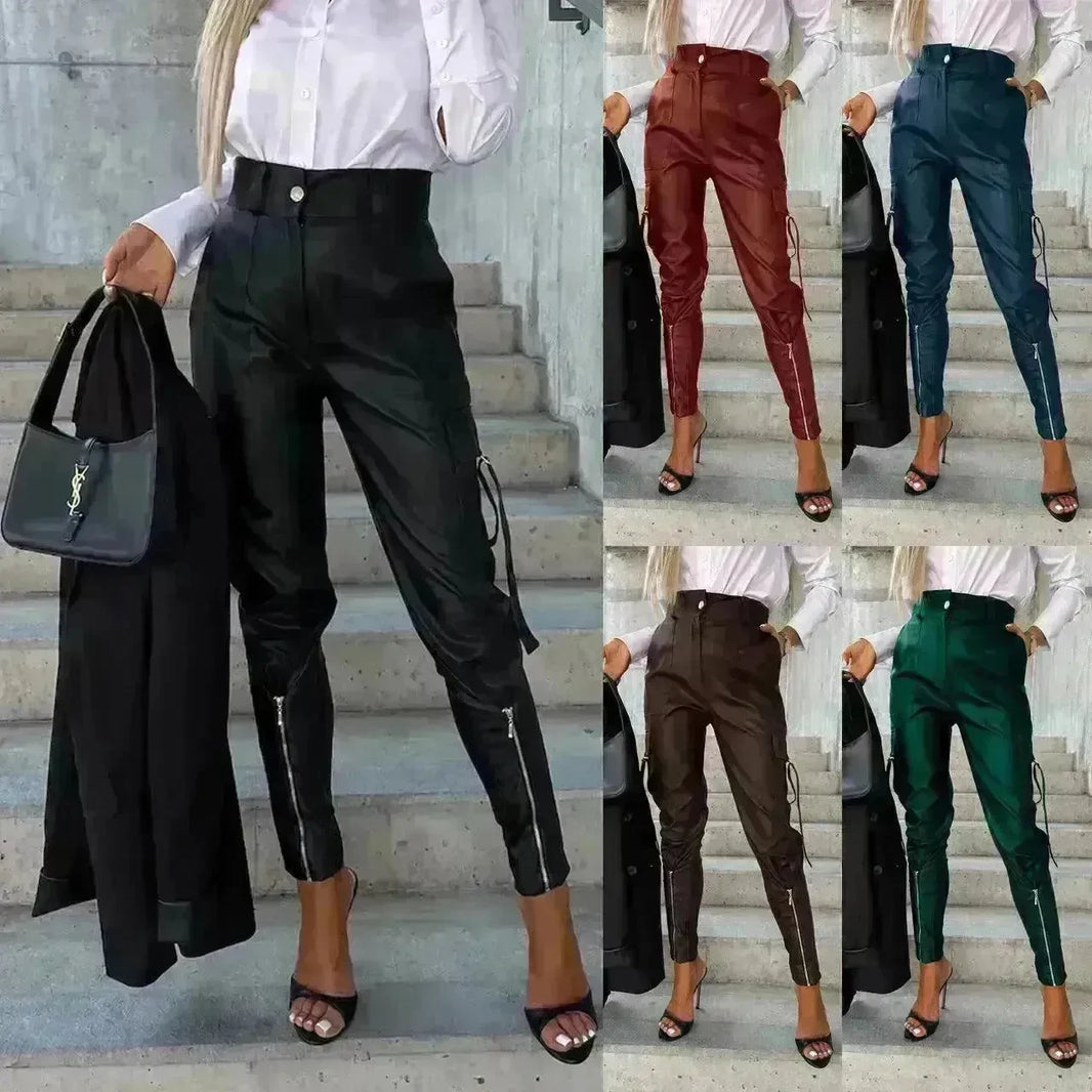 Fashion Slim-fitting Leather Trousers Women Waist-cinching Zipper Design Pants With Pockets - EX-STOCK CANADA