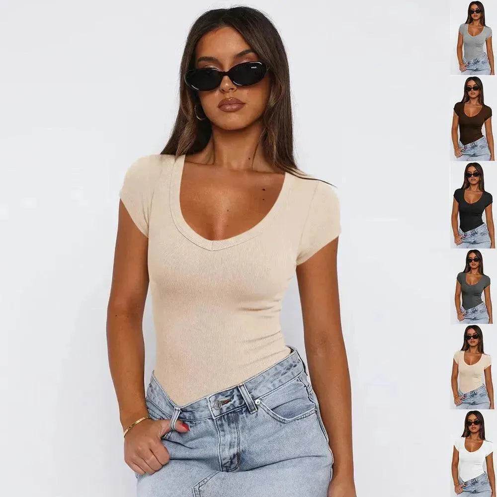 Fashion Spiral Pattern Slim T-shirt Summer Solid Color Charming Short-sleeved Top For Women - EX-STOCK Canada