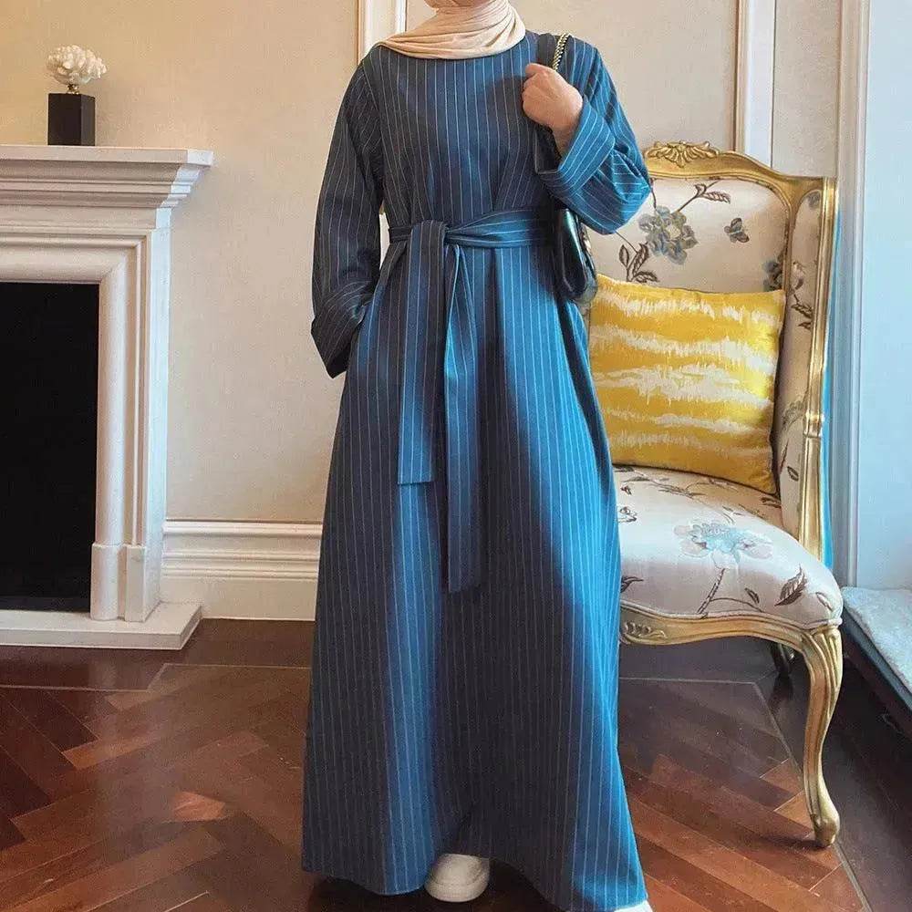 Fashionable Stripe Tunneled Abaya Dress for Elegant Arab Dubai Turkey Middle Eastern women. - EX-STOCK Canada