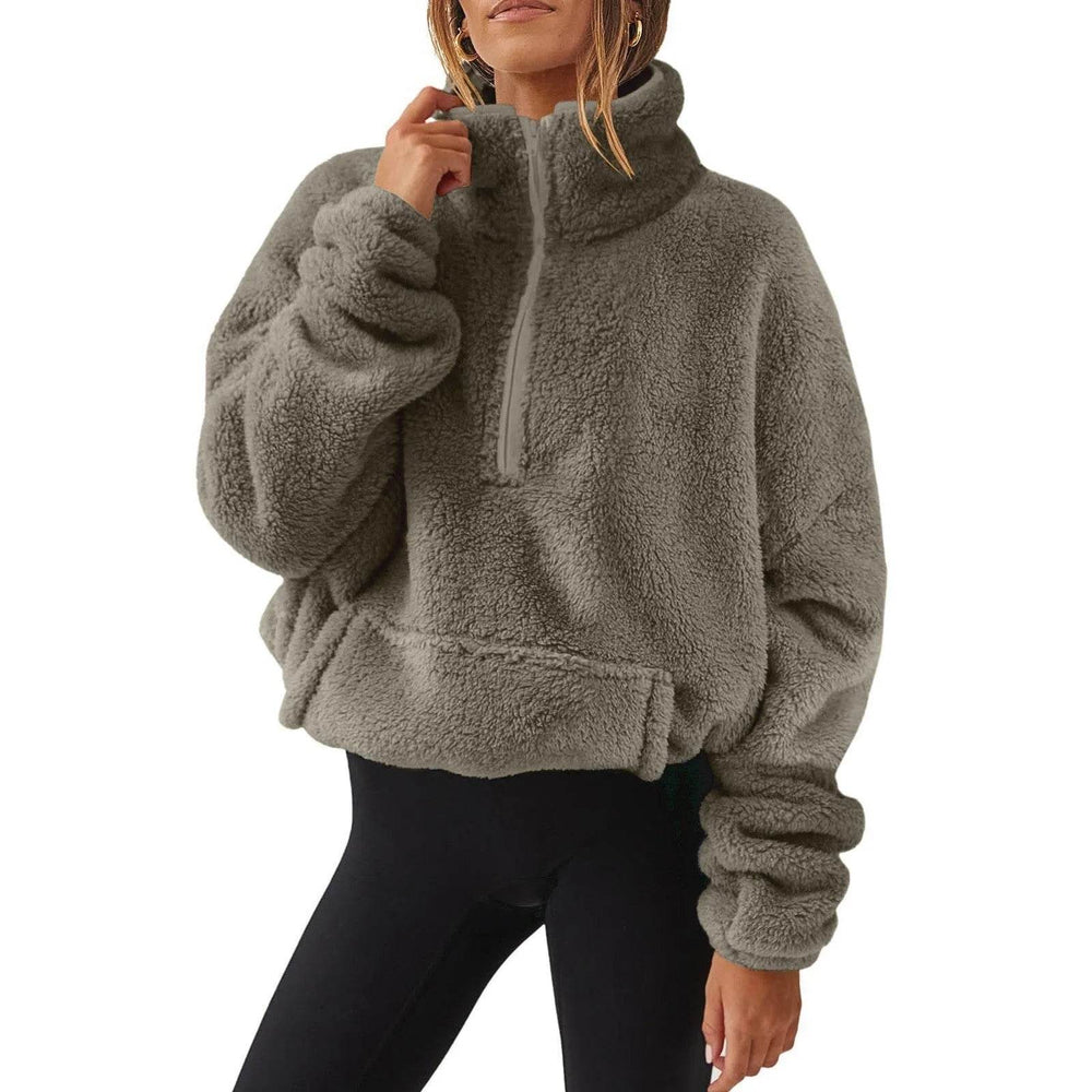 European And American Velvet Fleece-lined Women's Half Zipped Stand Collar Sweater - EX-STOCK Canada