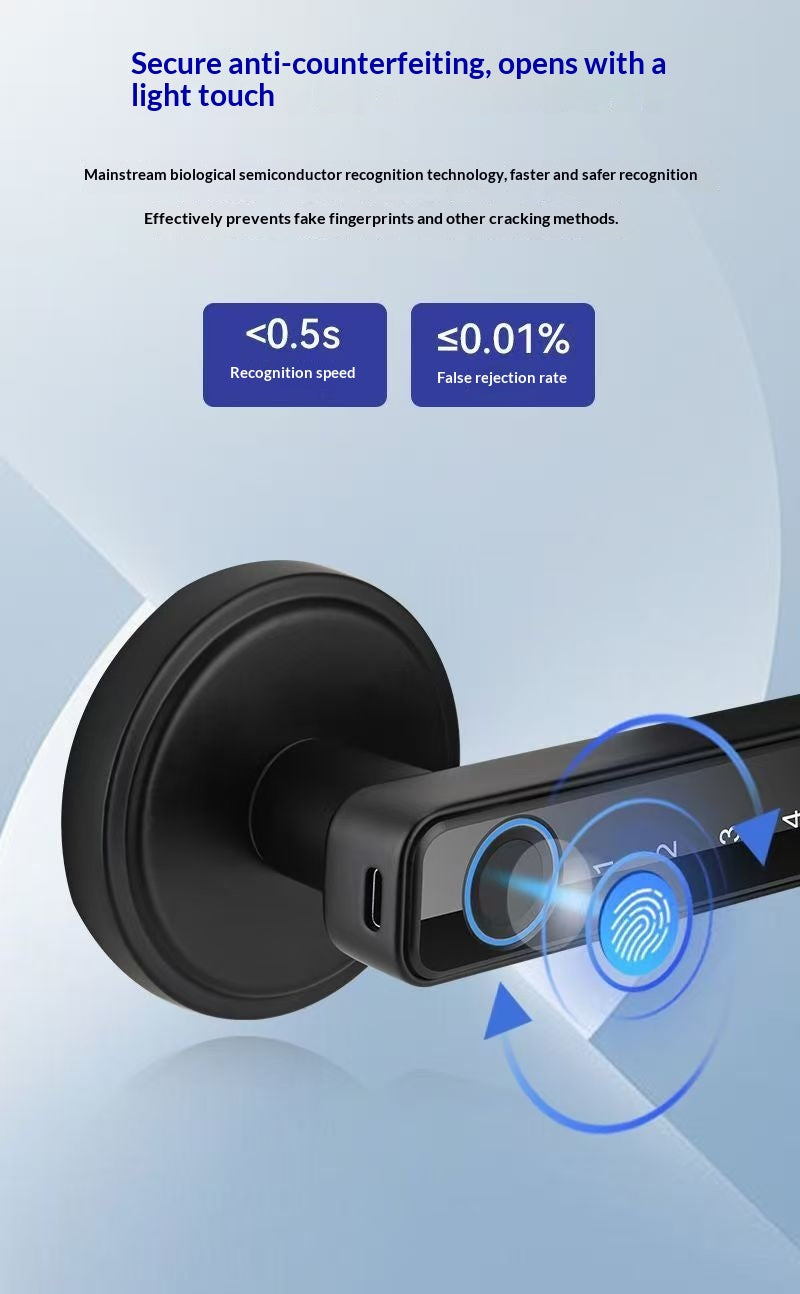 A black smart door lock shown on a light blue gradient background with marketing text and blue fingerprint/scan graphics illustrating secure biometric access.