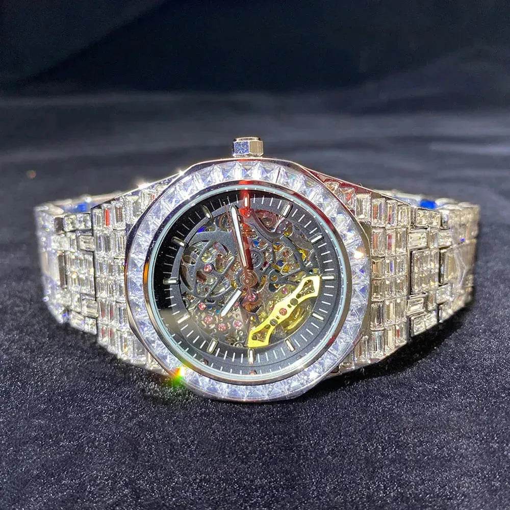 Hip Hop Full Square Diamond Luminous Hollow Mechanical Watch - EX-STOCK Canada