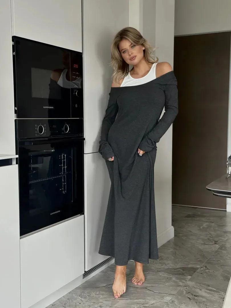 Nuovo vestito temperamentale a maniche lunghe con cuciture, finto due pezzi e giletEX-STOCK Canada