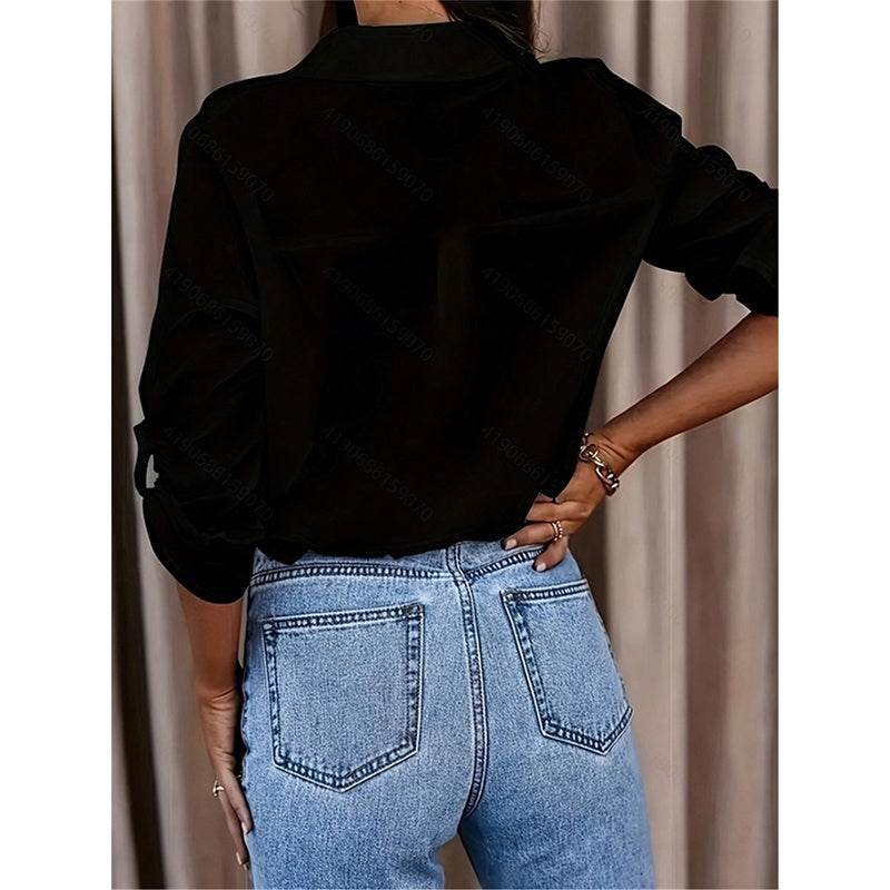 Women's Casual Long Sleeve Button-Down Shirt With Roll-Up Sleeves, Stylish Mid-Length Blouse For Everyday Wear - EX-STOCK Canada